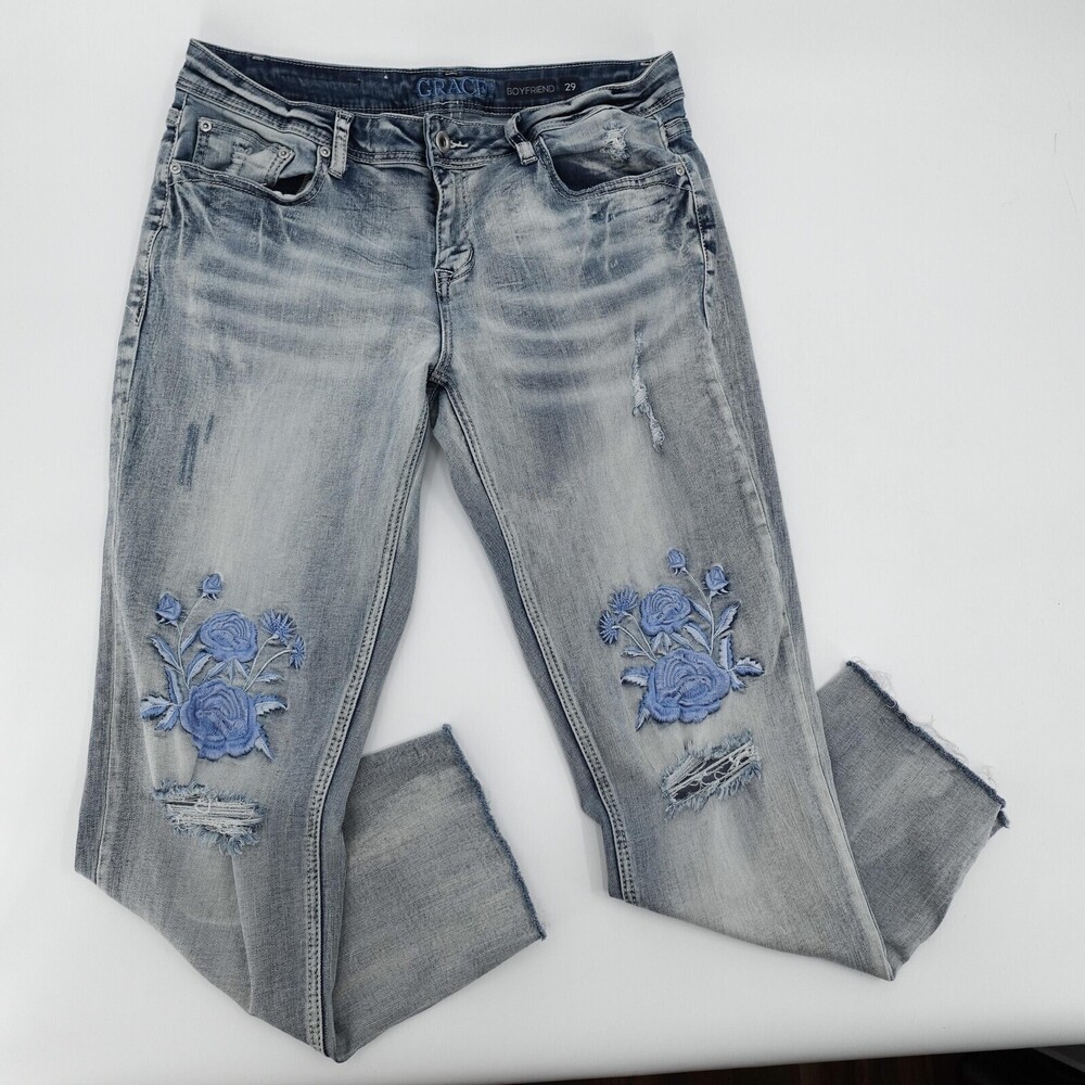 Grace LA Boyfriend Jeans Womens 29 Light Wash Distressed Floral Embroidered